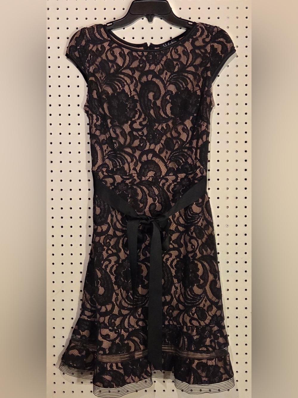 S.L. Fashions Black Lace Midi Dress with Nude Lining